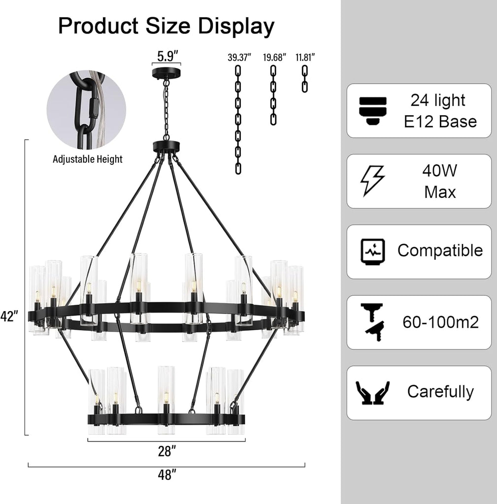 Inspired Ravelle Style Black Chandelier, 24-Lights Wagon Wheel Chandelier with Glass Shade,48 Inch Large Round Industrial High Ceilings Pendant Lighting Fixture for Dining Room, Living Room, Kitchen Island, Foyer