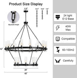 Black Chandelier, 24-Lights Wagon Wheel Chandelier with Glass Shade,48 Inch Large Round Industrial High Ceilings Pendant Lighting Fixture for Dining Room, Living Room, Kitchen Island, Foyer A115-B0D3C5VB5P