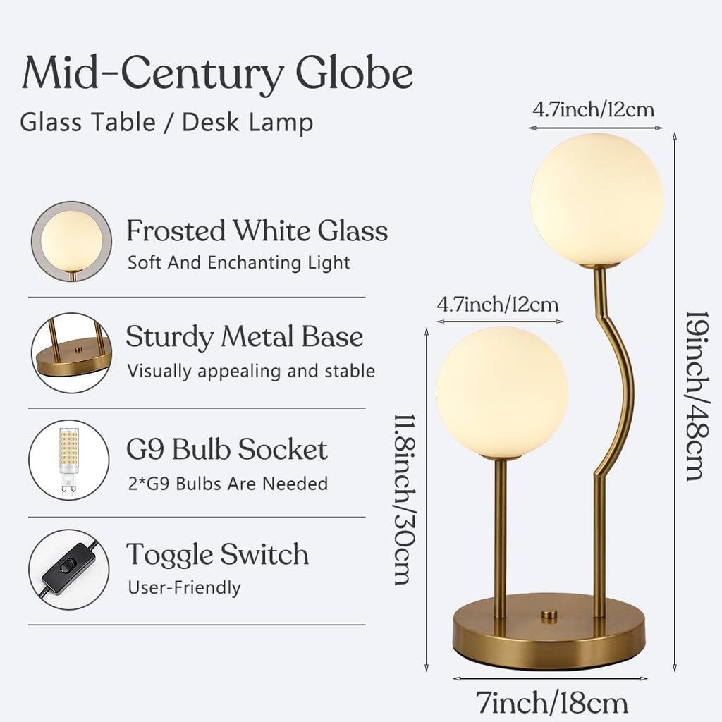 Mid Century Gold Globe Table Lamp 2-Light Orb Modern Beside Desk Table Light with Milk White Glass Shade Metal Base
