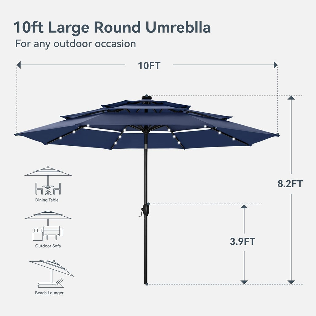 10ft Patio Umbrella with Light, Outdoor Large Auto-Tilt 3 Tier Market Table Umbrellas with 8 Sturdy Ribs and 1.5" Pole