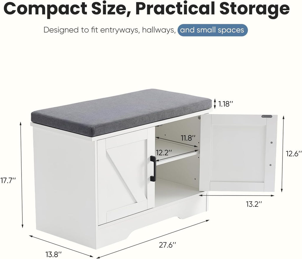 Shoe Storage Bench with Cushion, 27.6IN, White | Shoe Organizer Cabinet with Padded Cushion and Doors, Adjustable