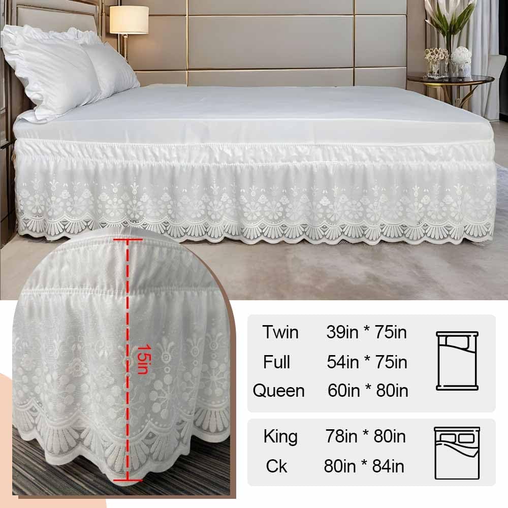 Elastic Double Lace Bed Skirt for Queen Bed - 15 Inch Drop, No Bed Surface, 3-Sided Wrap Around Dust Ruffle (Rose)