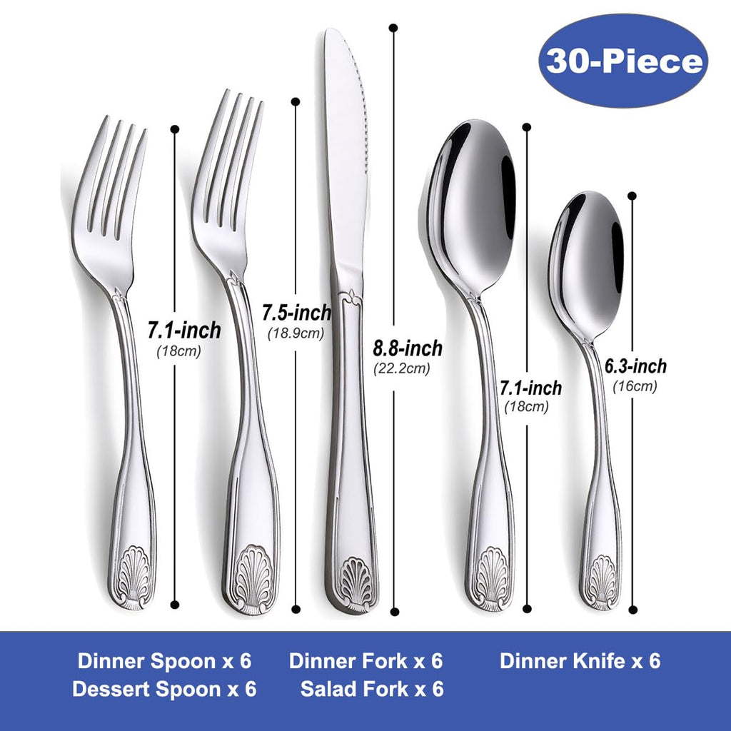 30-Piece Flatware Set Shell Pattern Stainless Steel
