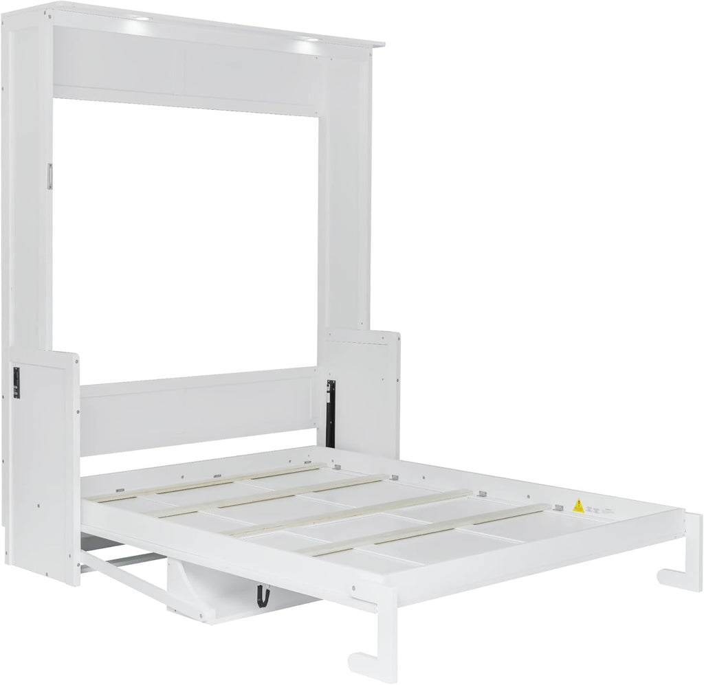 Queen Murphy Bed with Desk, Foldable Wall Bed Cabinet with LED Lights and USB Ports, Space-Saving Murphy Bed Frame