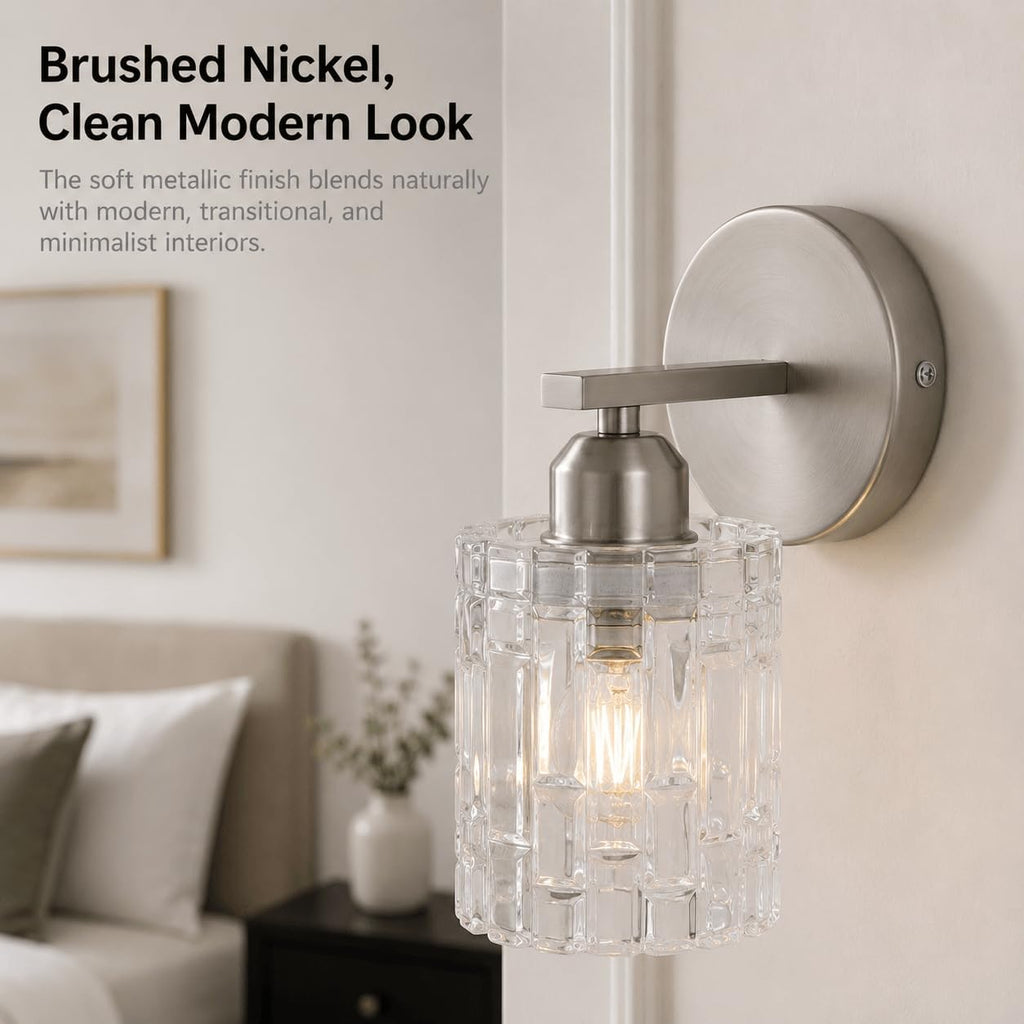 2-Pack Nickel Crystal Bathroom Vanity Lights, 1-Light Wall Sconce Fixture for Over Mirror, Modern Wall Mount