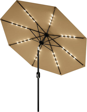 Patio Umbrella with Solar Lights, Outdoor Table Umbrella with 8 Durable Ribs, Tilt & Crank Mechanism