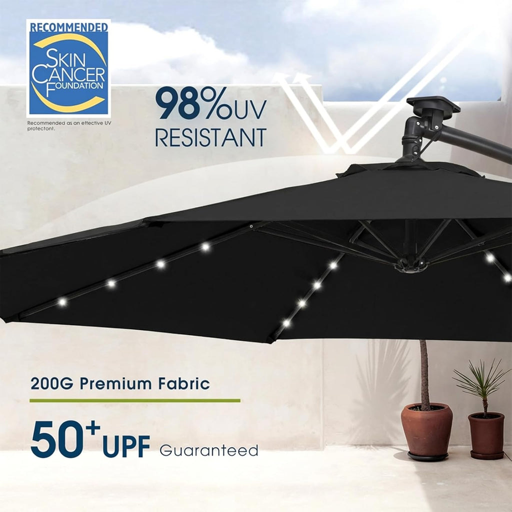 10ft Solar LED Patio Umbrella with Base Included, Offset Umbrella with Weighted Sandbag Base