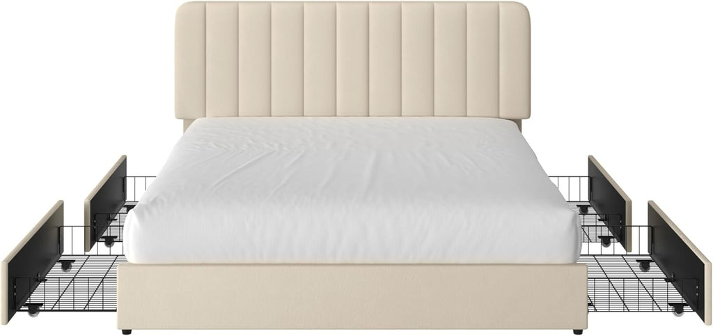 Queen Upholstered Bed Frame with 4 Drawers and Headboard, Velvet Platform Storage Bedframe, Wooden Slats Support