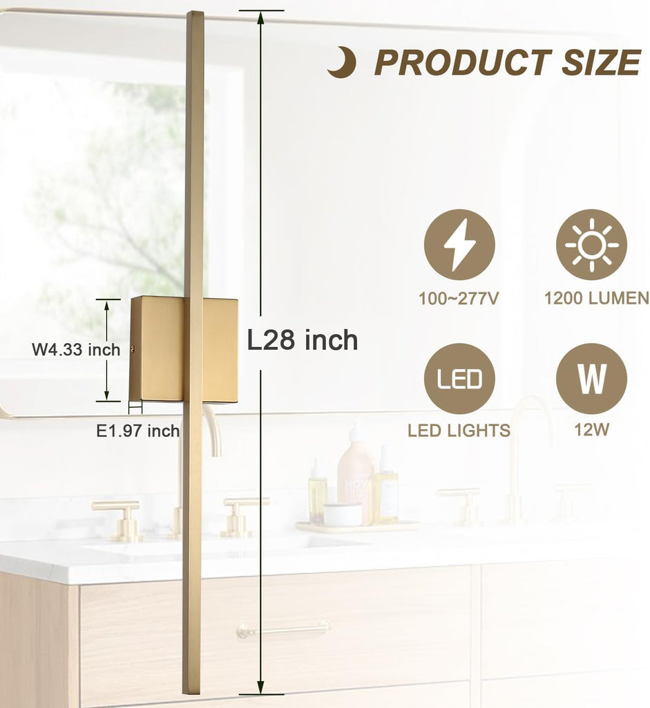 Wall Sconces Set of Two, LED Dimmable Sconces Wall Lighting, Brushed Gold Modern Wall Sconce Light for Bathroom