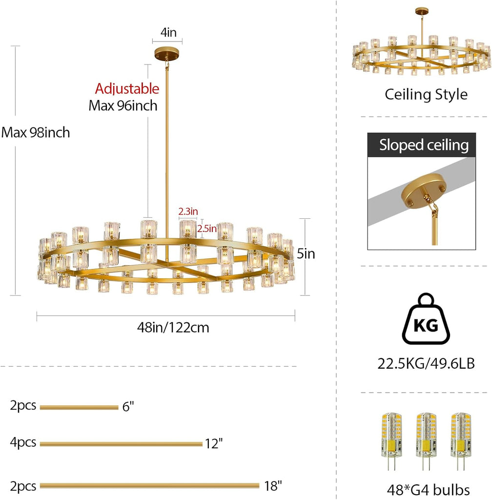 Modern Crystal Chandeliers 48in Large Brass Round Chandelier, Chandeliers for Dining Room, K9 Crystal Wagon Wheel Chandelier for Living Room,High Ceiling,Foyer,Entryway,Staircase(48xG4 Bulbs Included)