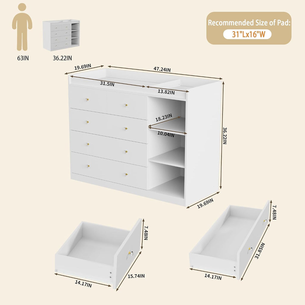 Baby Dresser Changing Table with 5 Drawers(47.2" W x 19.6" D x 36.2" H) | Waterproof Diaper Changing Station with 3