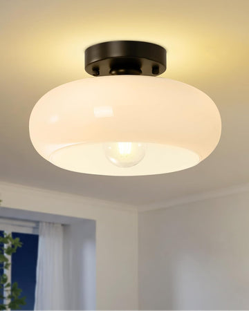 Semi Flush Mount Ceiling Light, Black Light Fixture, Mid-Century Modern Farmhouse Milk Glass Small Light Fixtures