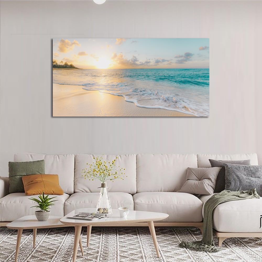 Ocean Wall Art Pictures Beach Canvas Wall Art Decor Gold Sunset Canvas Painting for Wall Coastal Theme Art Print Home