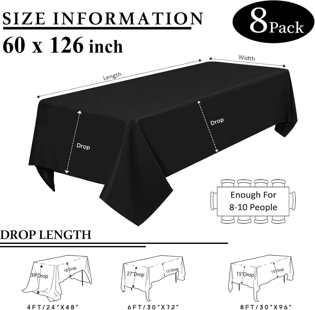 8 Packs Black Tablecloths 60x126 Inch Rectangular Table Cloths for 8 Foot Rectangle Tables, Wrinkle 