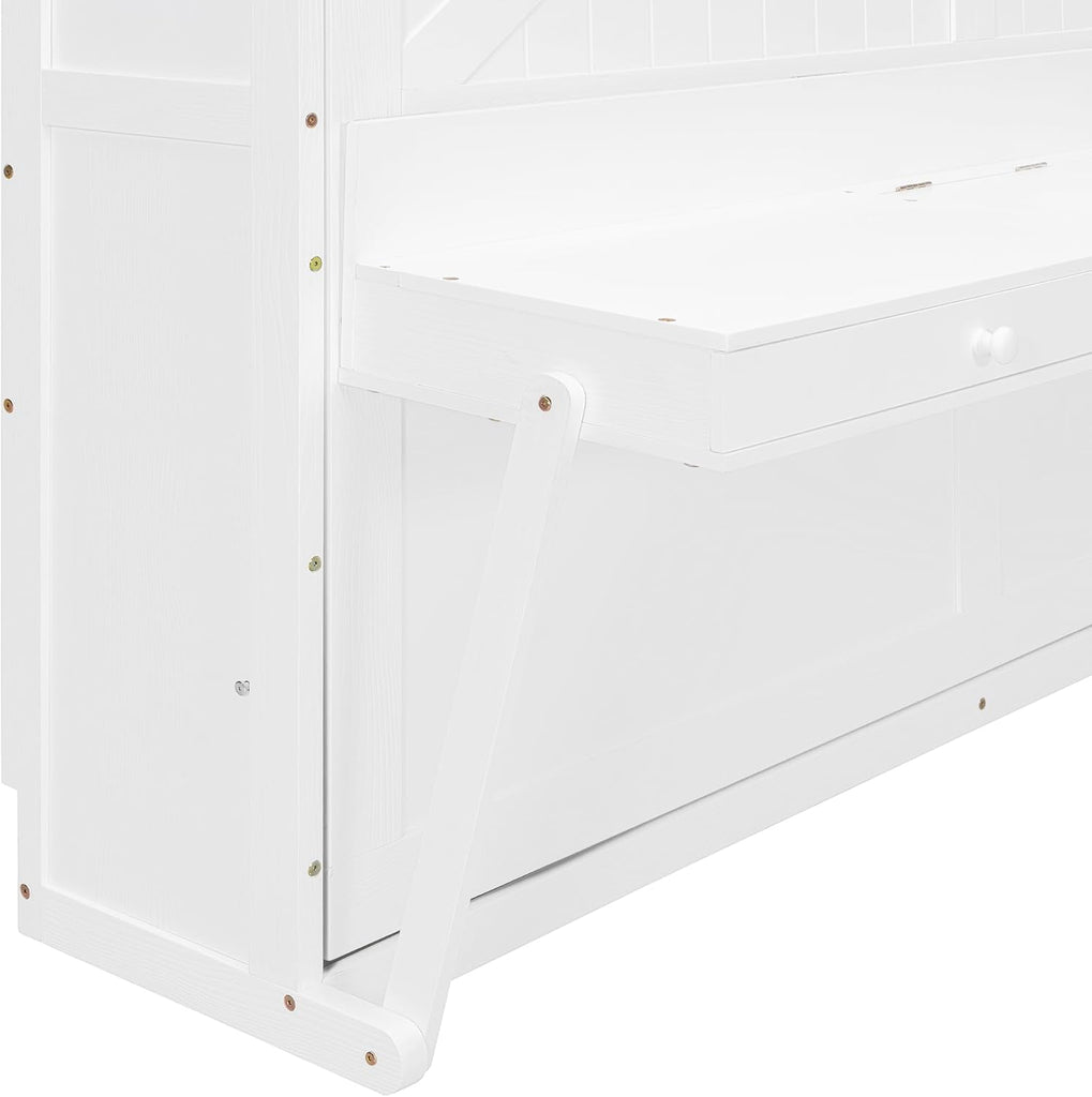 Wall Murphy Bed with Storage, Foldable Cabinet Bed with Vanity Desk, Center Mirror & 2 Side Drawers, Queen, White