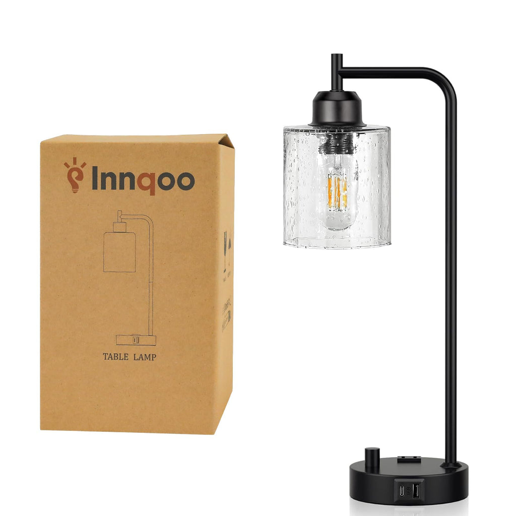 Industrial Desk Lamp, Fully Dimmable Small Bedside Table Lamp, Black, USB C