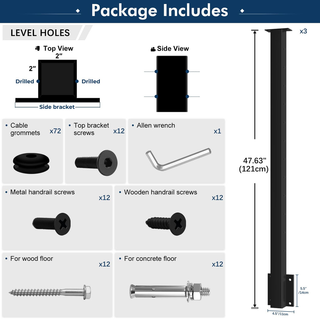 3 Pack Side Mount Cable Railing Post for 42" Railing System (Post Body 48"), Level Drilled Space-Saving Fascia Mount
