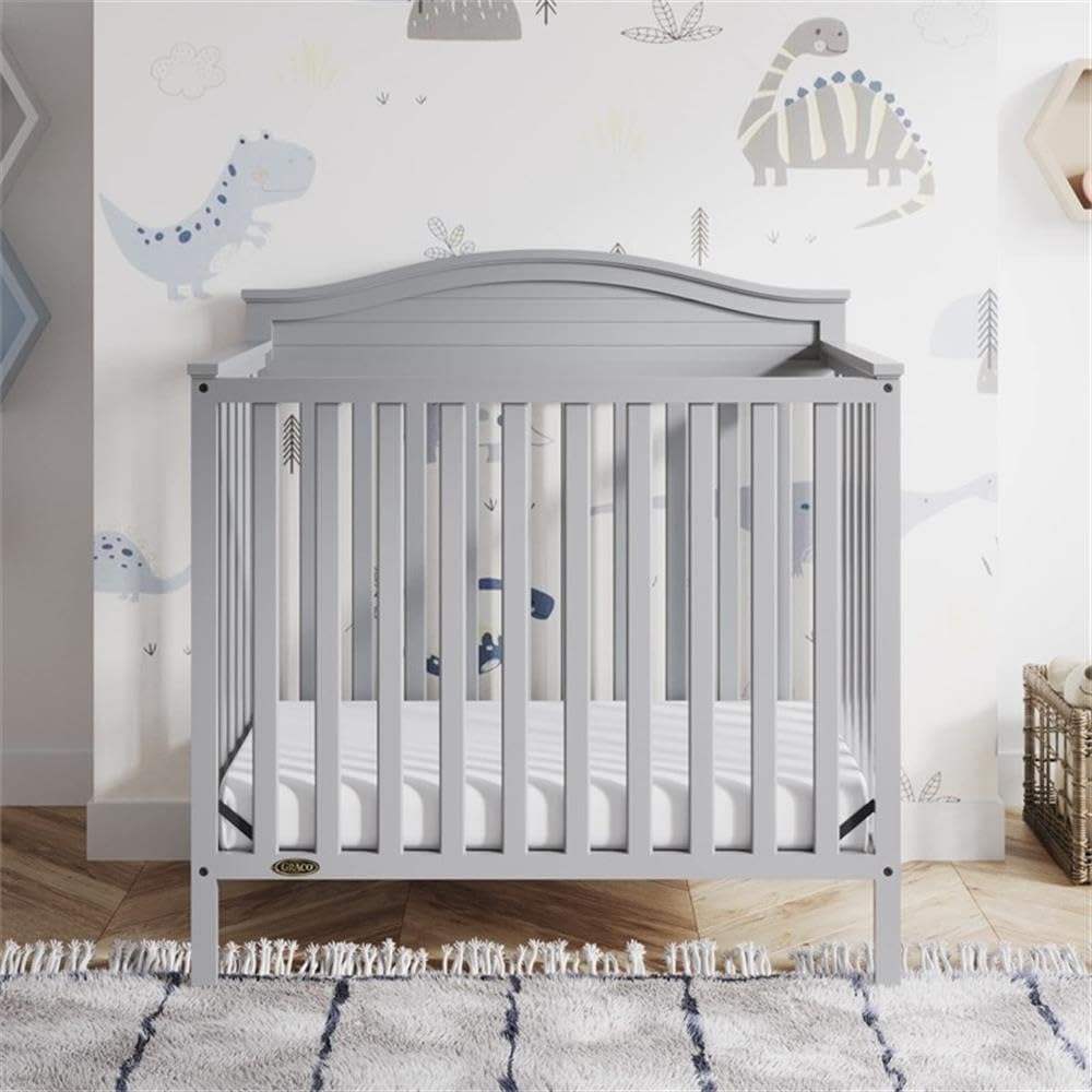Mini Convertible Crib, Pebble Gray Finish, New Zealand Pine Wood, 41.49" H x 40.67" W x 26.1" D, Includes 2.50" Foam