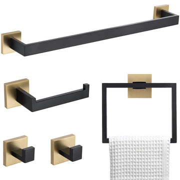 5 Pieces Bathroom Hardware Accessories Set Black and Gold Towel Bar Set, Wall Mounted Stainless Steel, 23.6 Inch