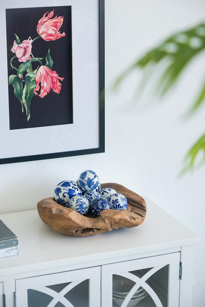 Set of 4 Porcelain Decorative Spheres - Handcrafted Traditional Blue and White Floral Orbs Decor, Tabletop Accent