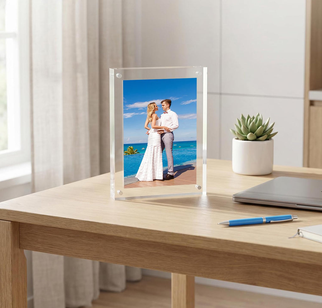Acrylic Picture Frame 4x6, Clear Freestanding Double Sided 20mm Thickness Frameless Magnetic Photo Frames Desktop