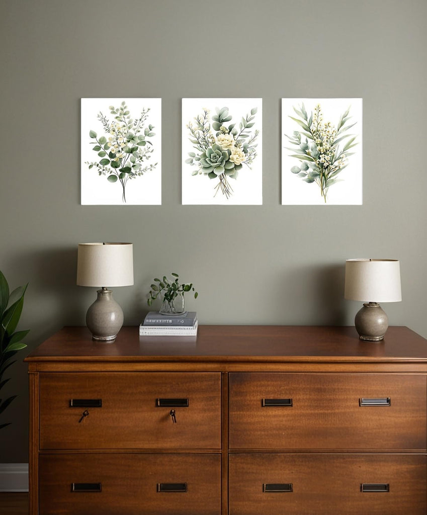 Sage Green Botanical Wall Art, Watercolor Framed Canvas Prints Modern Green Plant White Floral Decor Living Room