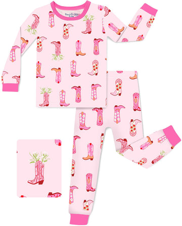 Bamboo Viscose Toddler Girls Kids Pajamas Pinky Boots Pjs Long Sleeve Snug fit 2pcs Soft Jammies