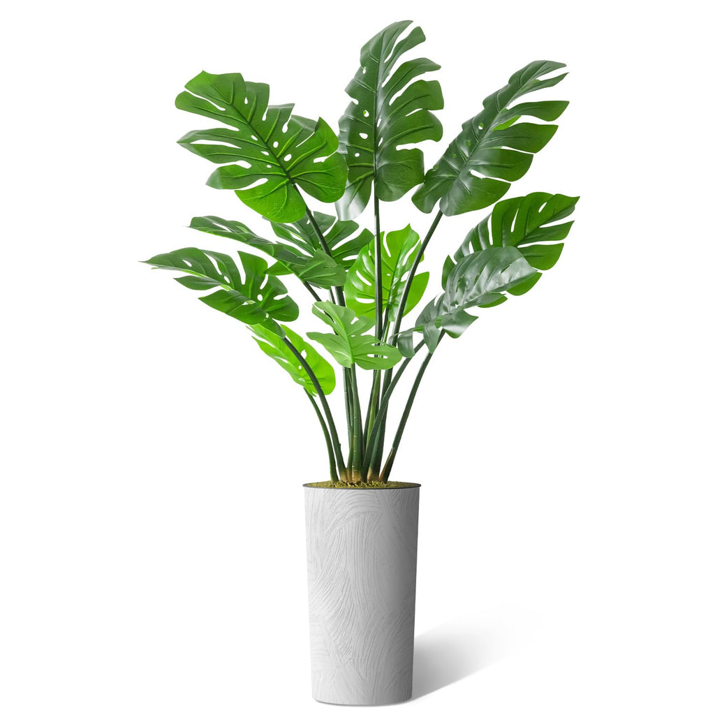 Artificial Tree in White Marble Effect Planter, Fake Monstera Silk Tree for Indoor and Outdoor Home Decoration - 65"