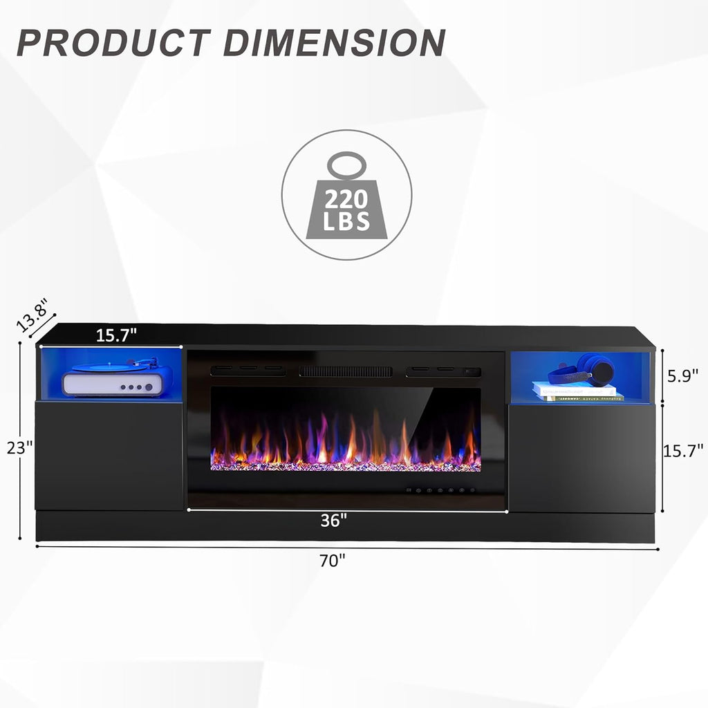 Fireplace TV Stand, LED Light Entertainment Center with 36 Electric Fireplace and Storage Cabinet, Media Console