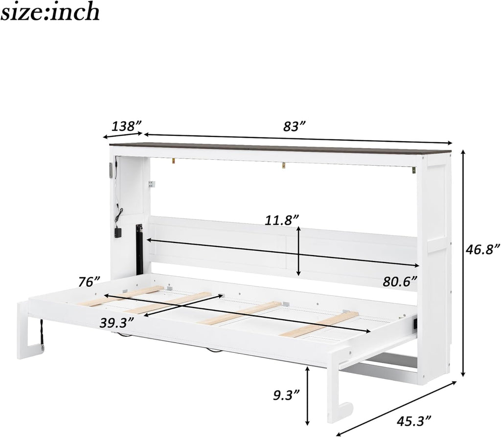 Twin Murphy Bed Cabinet, Space-Saving Foldable Wall Bed with LED Lights, Wooden Horizontal Murphy Bed Frame for