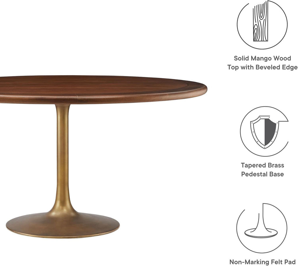 Inspired Saarinen Style Tulip Round Pedestal Dining Table — Brass Base / Walnut Top, 60″ Round