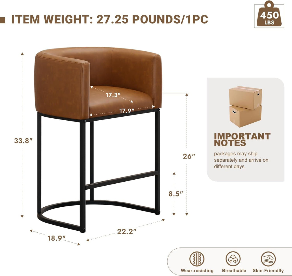 26" H Counter Height Bar Stools Set of 3, Modern Barrel Counter Stools with Backrest and Arms, Faux Leather