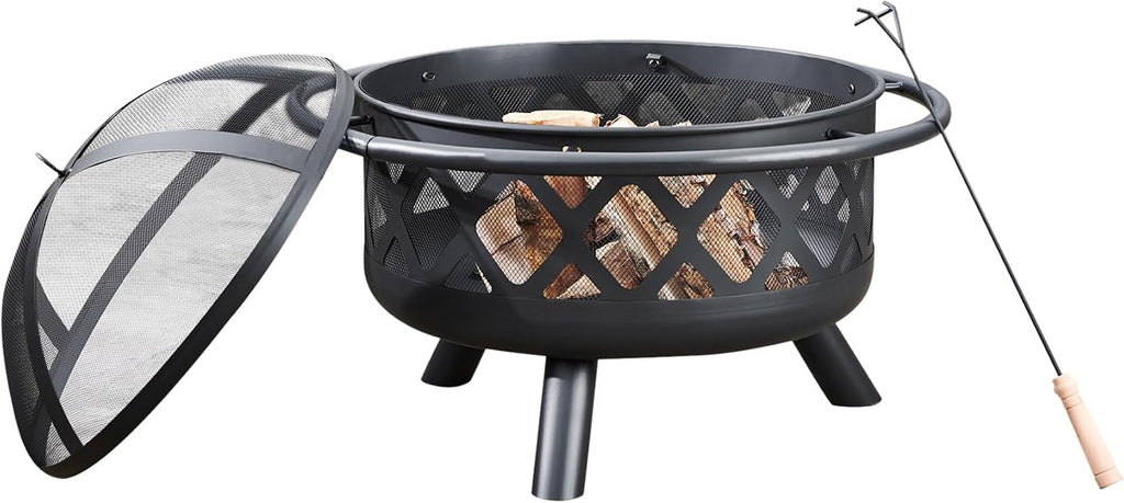 Round Steel Outdoor Fire Pit Outside Wood Burning Firepit Bonfire with Firebowl, Poker, Mesh Screen