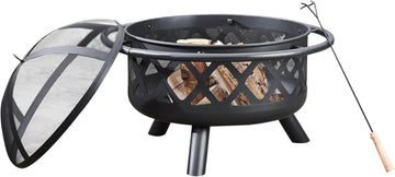 Round Steel Outdoor Fire Pit Outside Wood Burning Firepit Bonfire with Firebowl, Poker, Mesh Screen