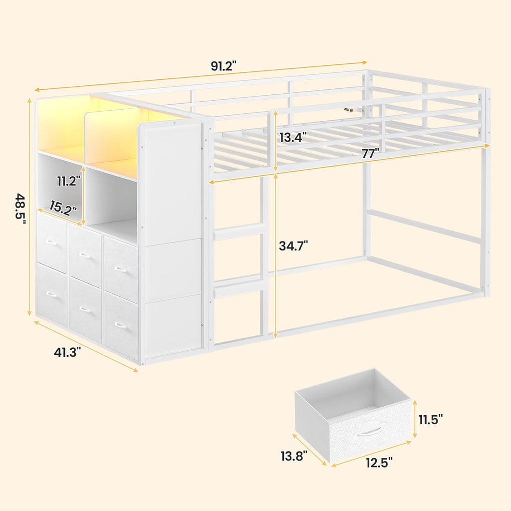 Bunk Bed Twin Over Twin with 6 Large Fabric Drawers & 4 Wooden Storage Bookshelf Organizer