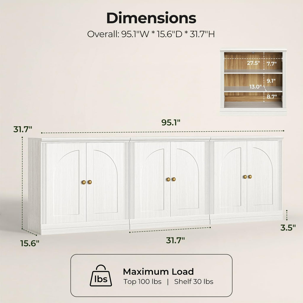 Monos 95" Storage Cabinet Set of 3 with Doors & Shelves, Modular Fluted Accent Arched Sideboard Buffet Cabinet