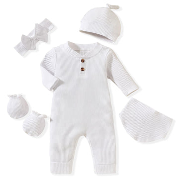 Newborn Baby Girl Ribbed Romper Infant Fall Winter Spring Clothes Coming Home Outfit Clothing White