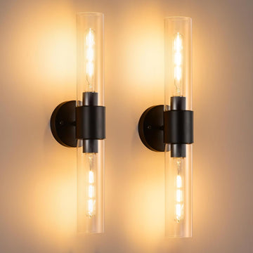 22" Matte Black Wall Lamps,Bathroom Sconces Set of 2 | Industrial Glass Vanity Light, E26 Base,Modern Glass Wall