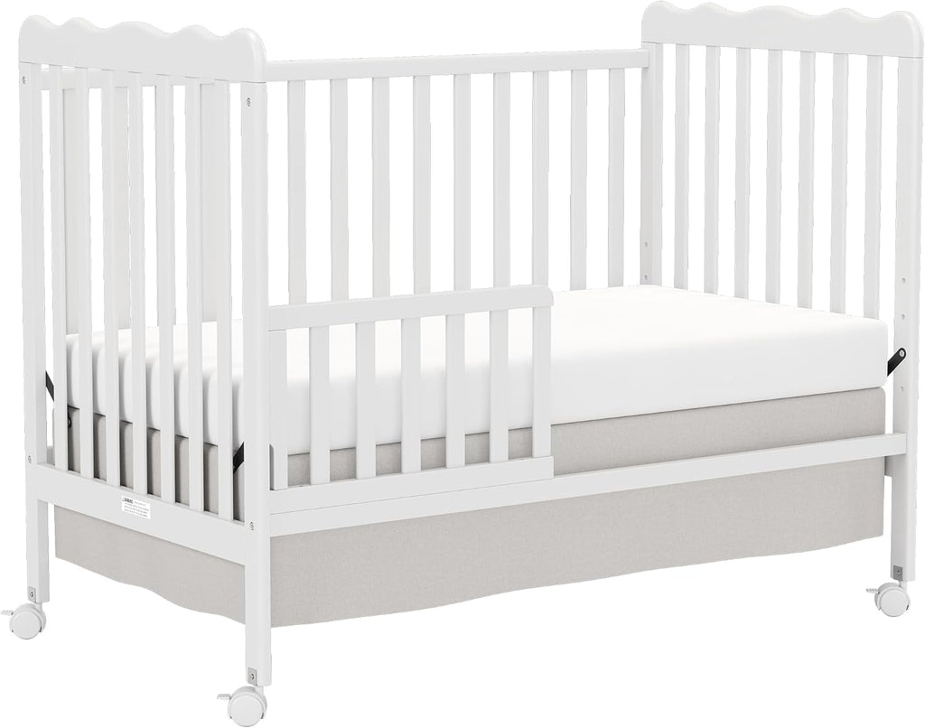 4-in-1 Convertible Wood Baby Crib, Toddler Bed & Daybed (White) | Locking Wheels, 3 Heights, Non-Toxic Finish, Easy