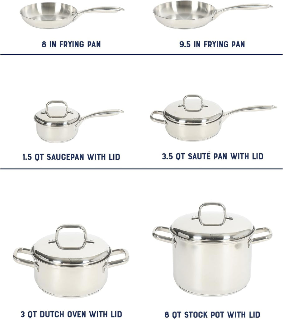 Platinum Sedwick 10-Piece Stackable Stainless Steel Pots and Pans Cookware Set W/Domed Stainless Steel Lids W/TriPly