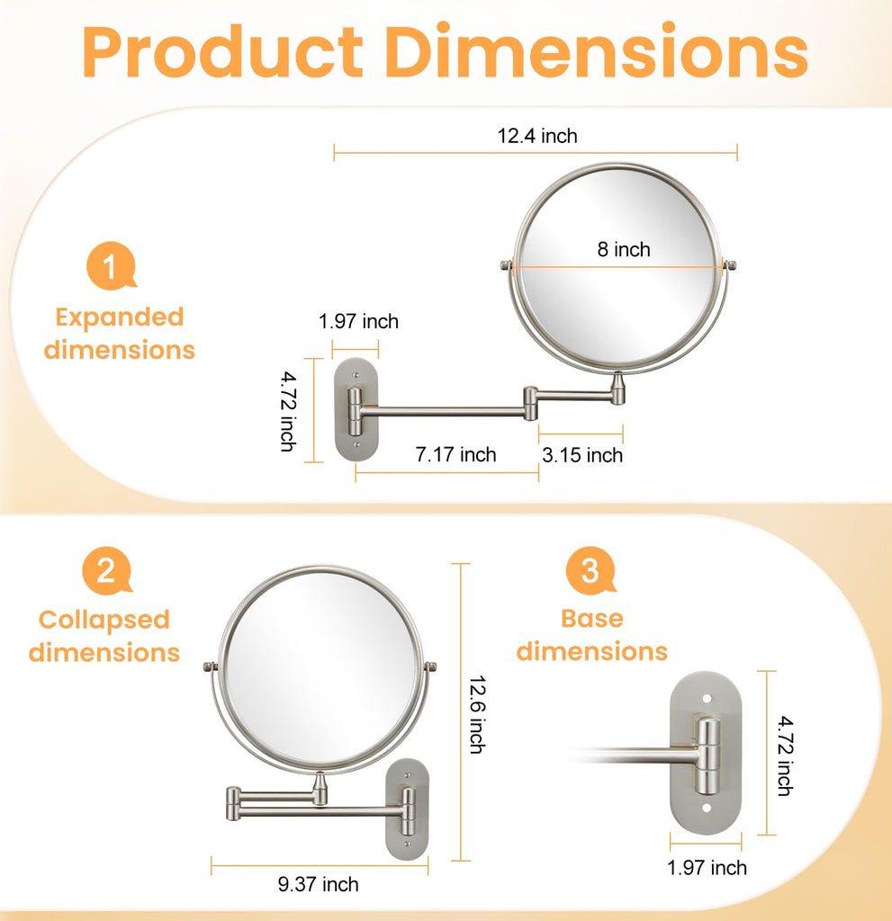 Wall Mounted Makeup Mirror, 8 Inch Double-Sided Magnifying Mirror