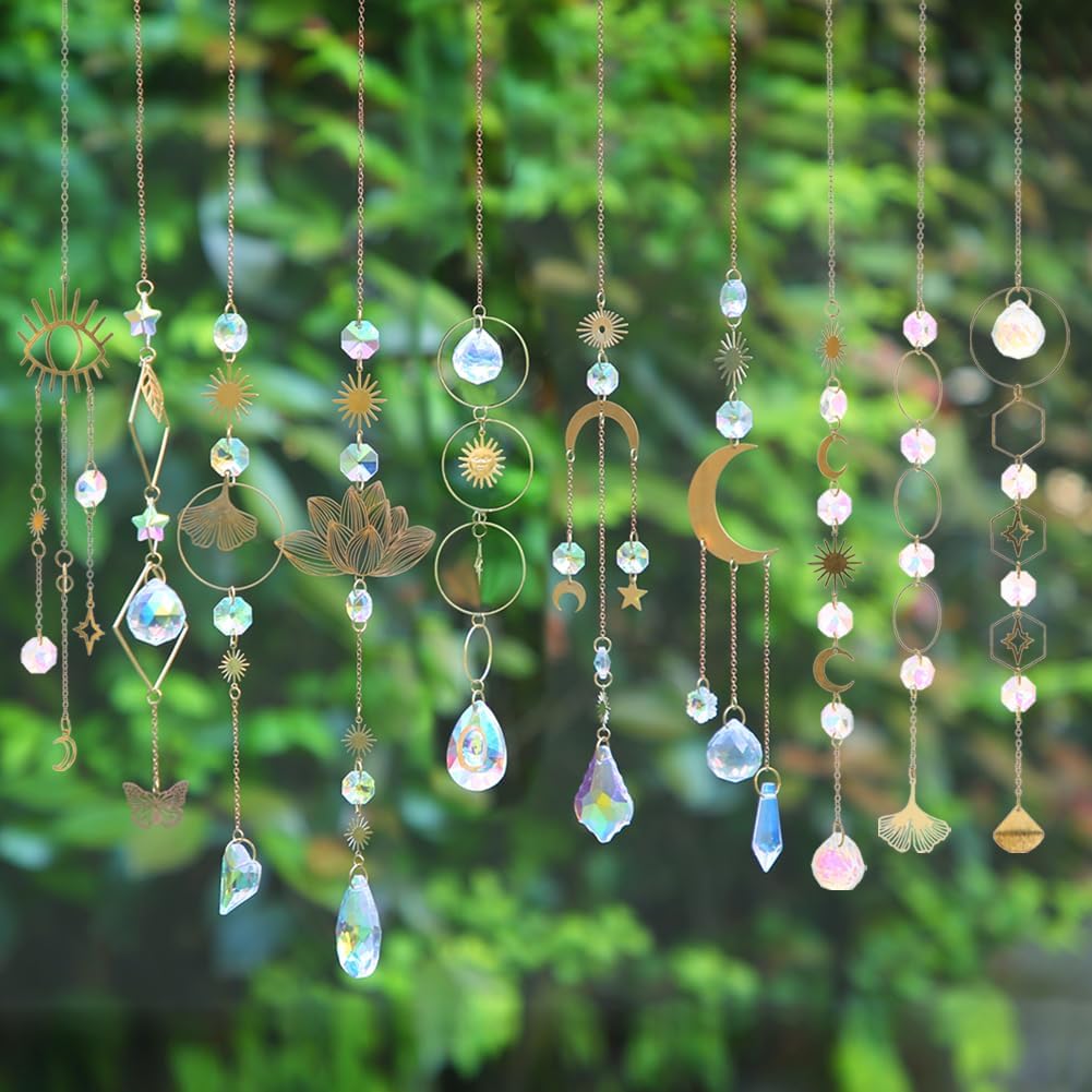 Sun Catchers, 10 Colorful Crystal Suncatcher with Chain Pendant Ornaments - Hanging Crystals Prism Rainbow Maker for