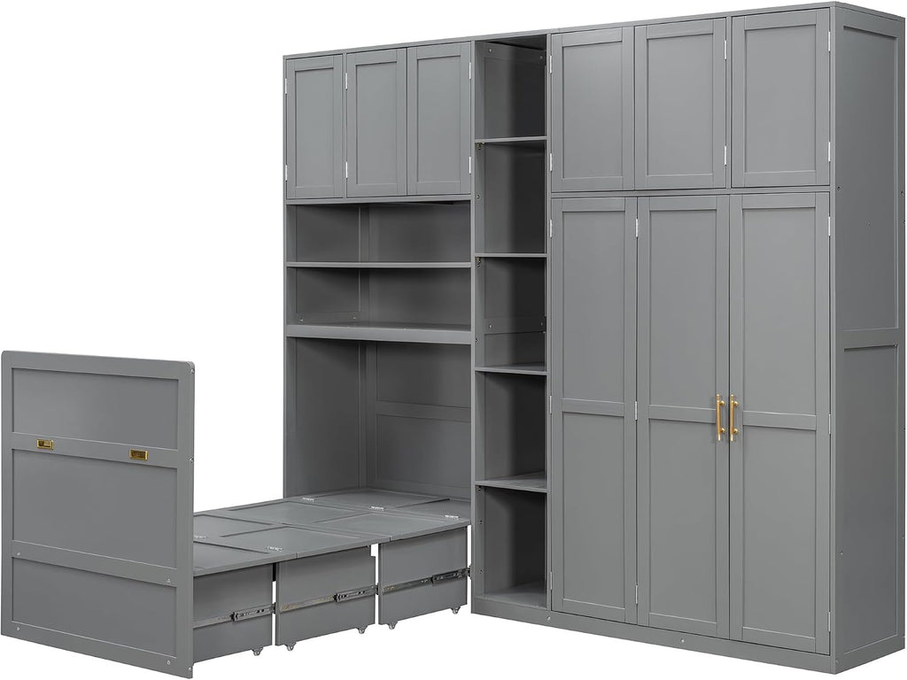 Twin Murphy Bed with Storage & LED Lights, Foldable Wall Bed Cabinet with Shelves, Cabinet & Wardrobe, Space-Saving