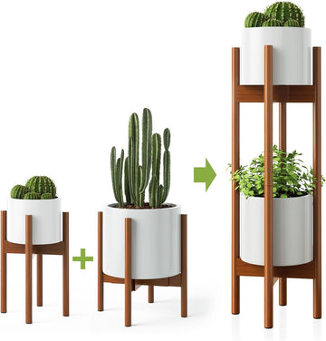 2 Pack Indoor Plant Stands, 2 Tier Tall Plant Stand 30 inches, Mid Century Bamboo Plant Stand, Adjustable Width 8