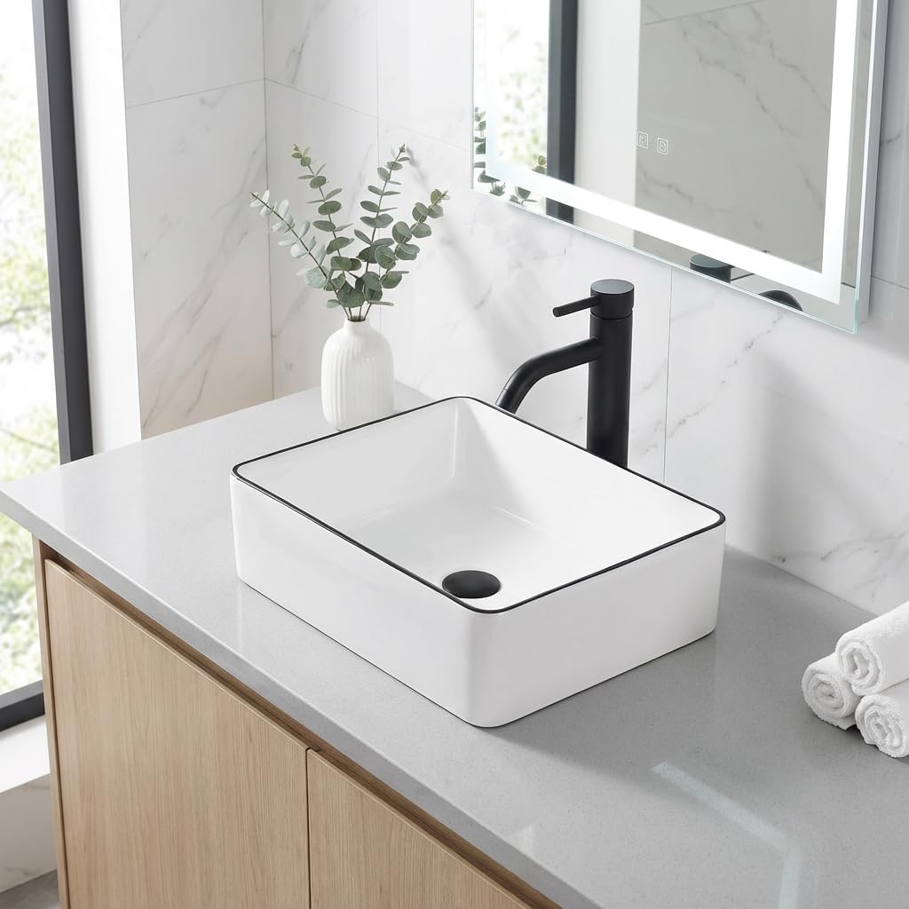 Rectangle Vessel Sink, 16"x12" Above Counter Bathroom Sink Rectangular Small White Ceramic Vessel Sinks for Bathrooms