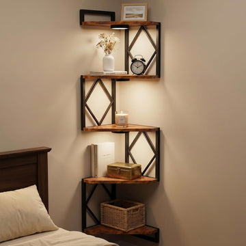 Corner Shelf Wall Mounted: 5-Tier Floating Shelves with Lights , Rustic Brown