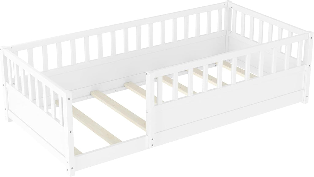 Twin Size Kids Montessori Floor Bed Frame with High Fence,White | Solid Wood,Full Surround Safety Guardrails,Slat
