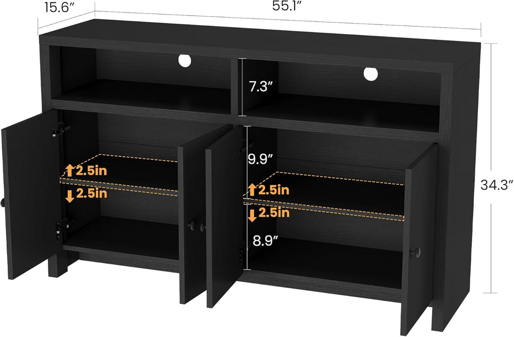 Buffet Sideboard Cabinet with Storage, 55" Large Farmhouse Kitchen Storage Cabinet with 4 Doors & Adjustable Shelves