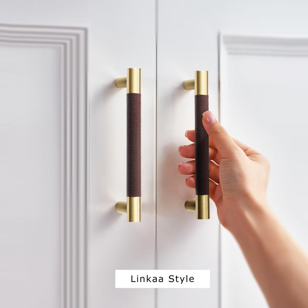 Brown Leather and Brass Gold Drawer Pulls Handles 5''CC,10 Pack