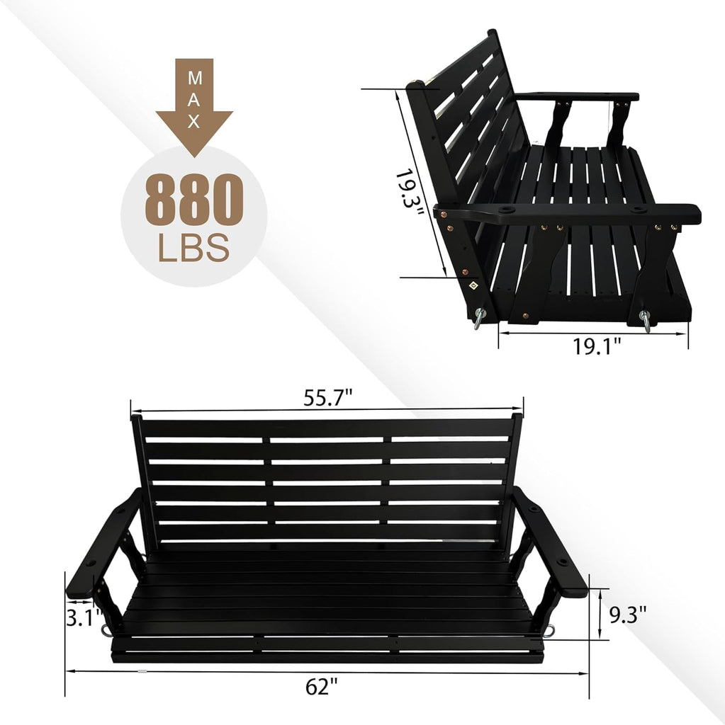 Wooden Porch Swing, Ergonomic Seat, Bench Swing with Hanging Chains and 7mm Springs, Heavy Duty 880 LBS, for Outdoor